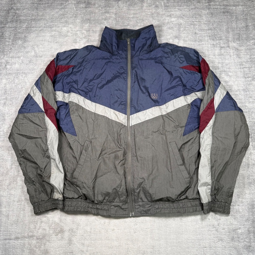 USA Olympic Jacket Mens Medium Blue Colorblock Vintage 90s Windbreaker Jc penny